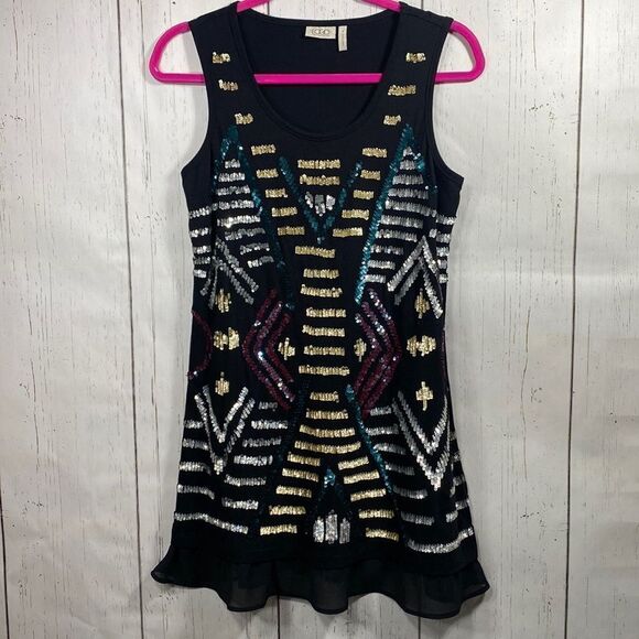 Logo By Lori Goldstein Sleeveless Sequins Black Multi Festive Tunic Top - Picture 1 of 12
